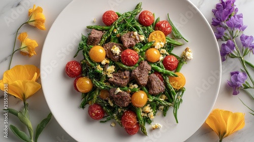 Gourmet salad with beef chunks green asparagus cherry tomatoes and yellow flowers