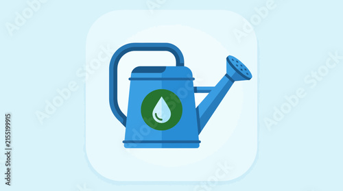 Blue watering can icon with green leaf symbol.