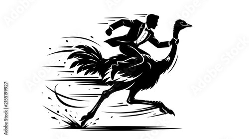 Businessman riding fast ostrich bird silhouette.