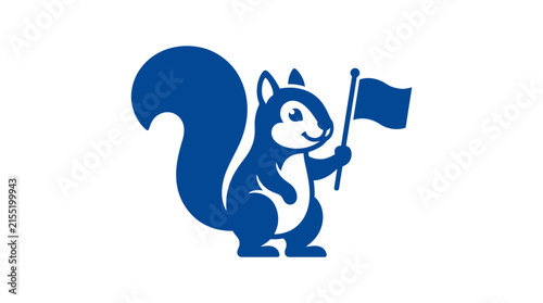 Blue squirrel mascot holding a flag pole character.