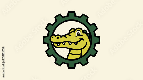 Cartoon alligator head mascot inside industrial gear symbol.
