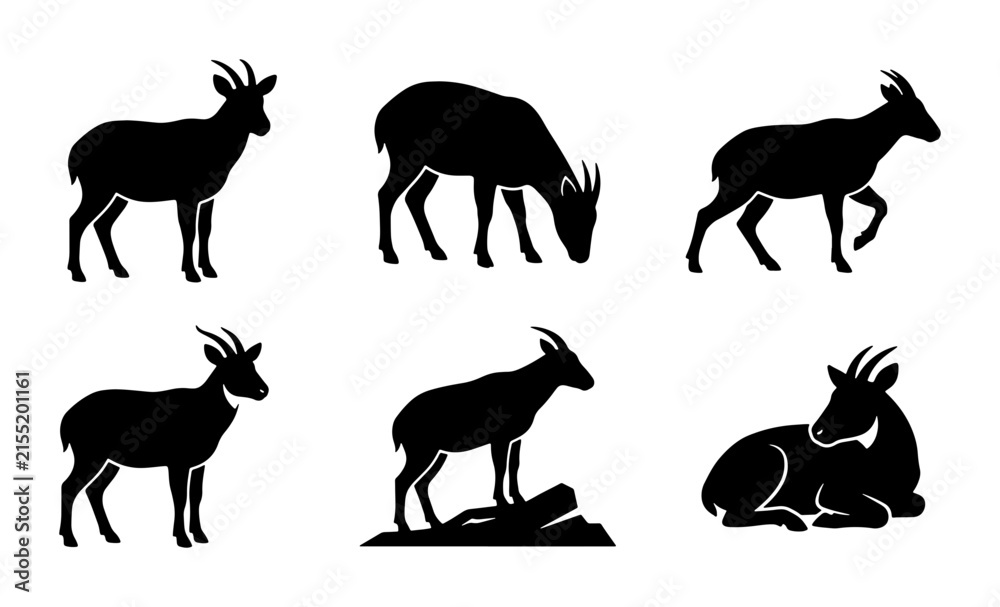 Fototapeta premium Goat Silhouettes Collection, Farm Animal Icons, Wildlife Vector Graphics, Livestock Poses