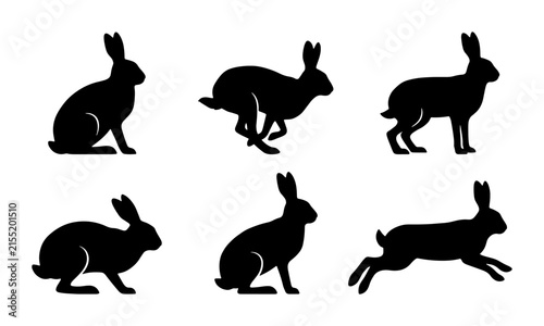 Black Rabbit Silhouettes, Hare Animal Poses, Vector Collection for Wildlife Design