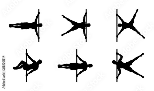 Pole Dance Silhouettes, Fitness Poses, Athletic Movement, Vector Icons Set
