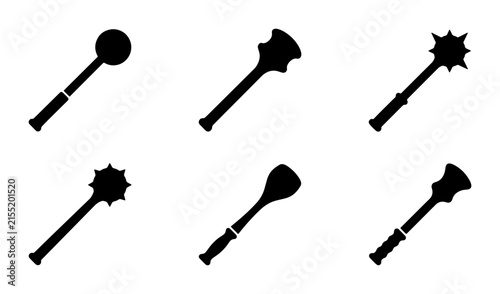 Medieval Weapon Icons, Mace and Club Silhouettes, Historical Combat Gear Vector Set