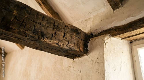 Rustic Old Hand Hewn Wooden Ceiling Beam with Textured Plaster Wall