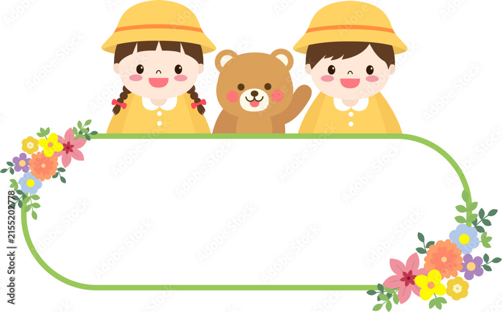 Fototapeta premium Cute School Children and Bear Blank Memo Frame Illustration