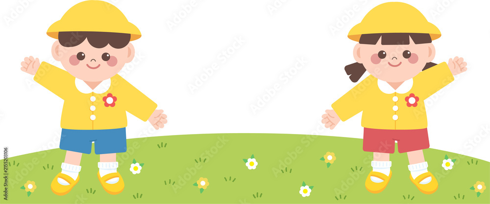 Fototapeta premium Cute Kindergarten Kids Frame with Green Grass and Copy Space