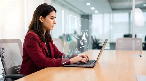Businesswoman working on laptop in modern office using advanced AI text generator concept with futuristic holographic interface virtual screen