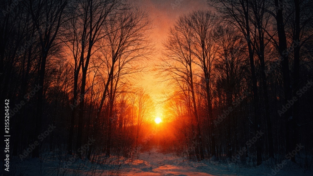 Obraz premium Winter sunset through forest trees.