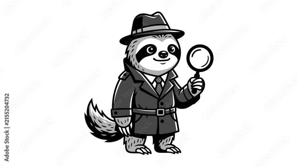 Obraz premium A black and white illustration of a cute sloth dressed as a detective holding a magnifying glass.