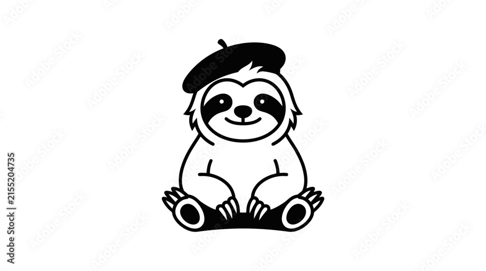 Fototapeta premium A charming black and white line art illustration of a cute sloth wearing a stylish beret.