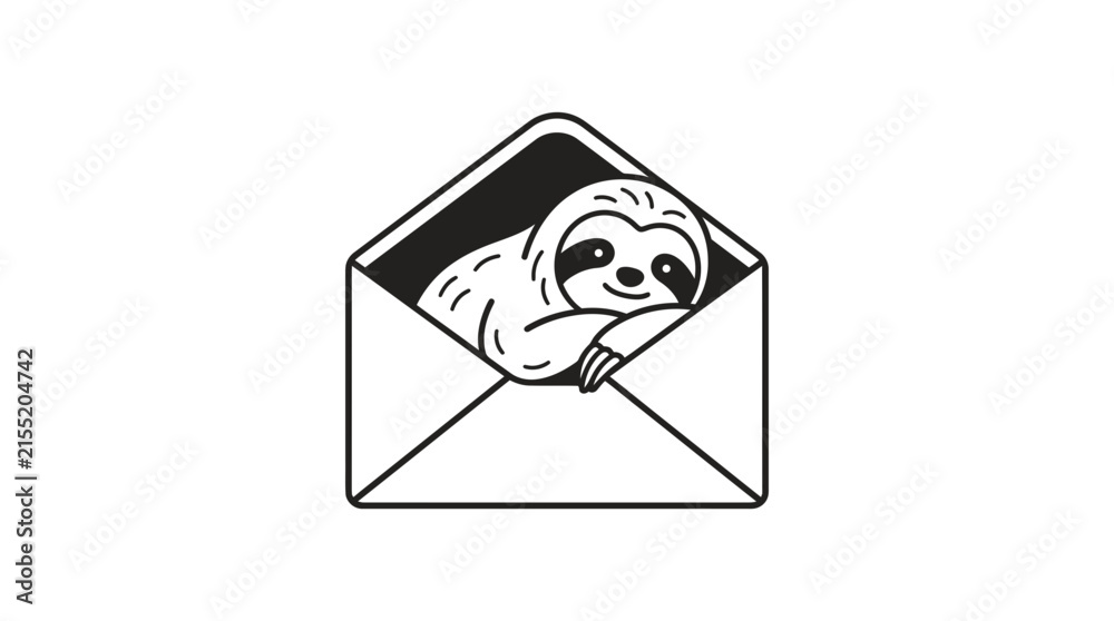 Obraz premium A cute sloth resting inside an open envelope line art illustration.