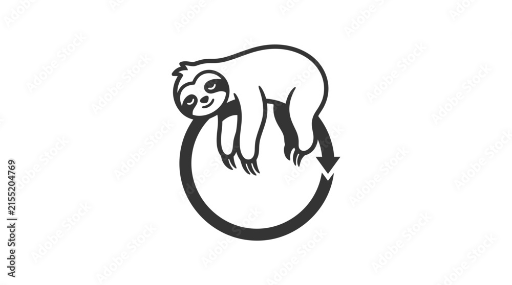 Obraz premium A minimalist black and white illustration of a sloth resting on a circular arrow symbol.