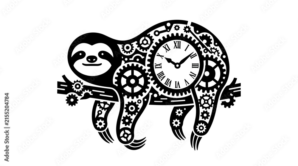 Obraz premium Steampunk sloth illustration featuring intricate mechanical gears and a classic roman numeral clock face.