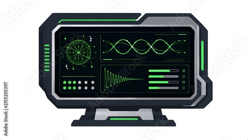 Futuristic Scientific Data Monitor with Digital Waveforms, Global Network Interface and Technology Analytics Display