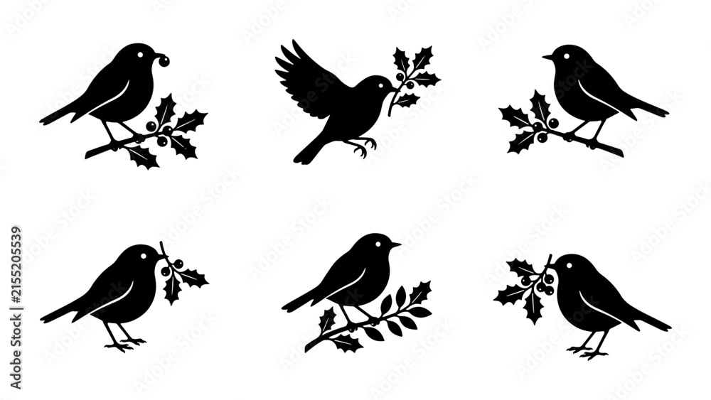 Fototapeta premium Six Silhouette Robin Icons, Festive Holly Branch Vector Set, Winter Bird Collection