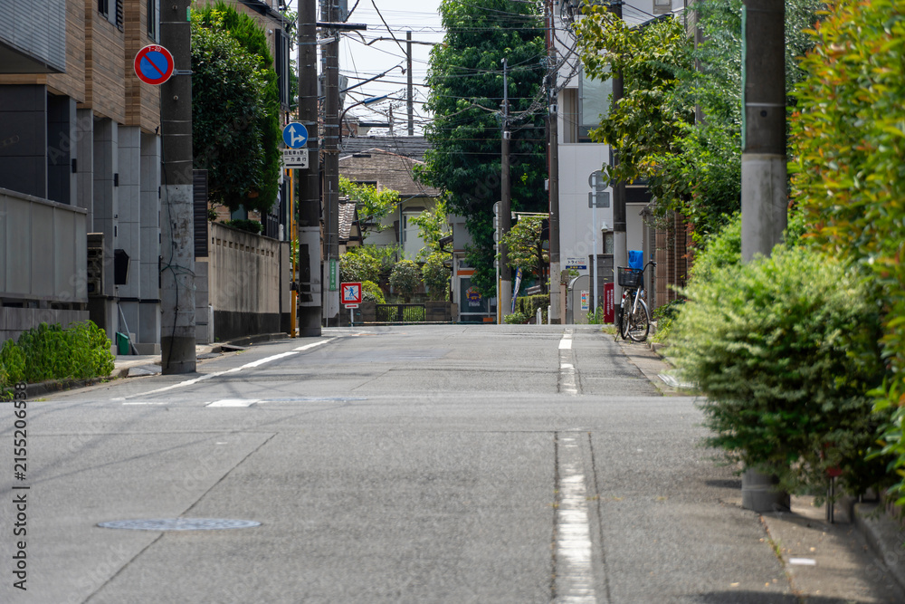Obraz premium Quiet and clean asphalt road in a Japanese residential neighborhood