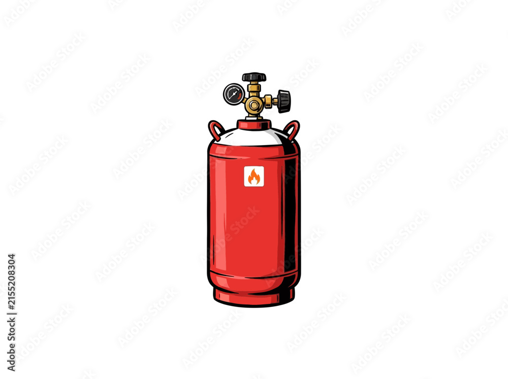 Obraz premium A Red Propane Gas Cylinder With A Top Mounted Pressure Gauge And Valve Featuring A Flame Symbol On Its Body Vector Illustration