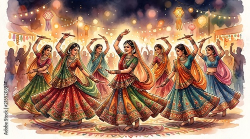 Women in traditional attire performing garba dance at festive night