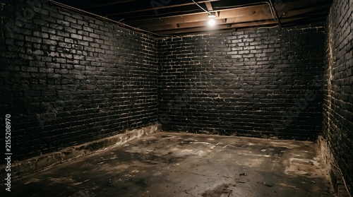 Empty square room with Black brick walls that are not plastered background and texture. The texture of the brick is black. Background of empty brick basement wall