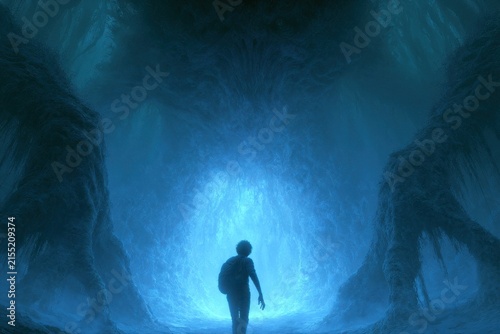 Silhouette of traveler exploring mysterious glowing blue cavern