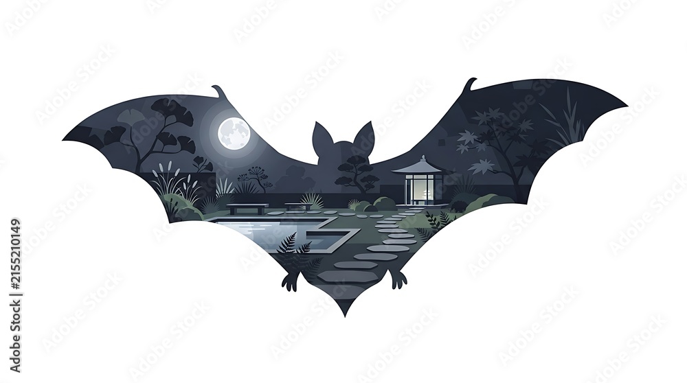 Fototapeta premium Bat silhouette filled with serene garden scene at night