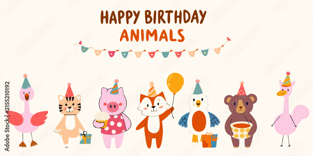 Fototapeta premium A lineup of cartoon animals wearing party hats and holding gifts