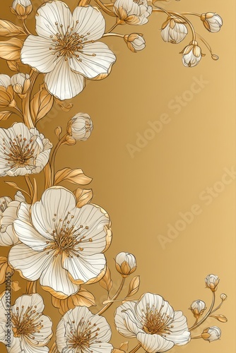 Line art white cherry blossom flowers on gold background vector illustration