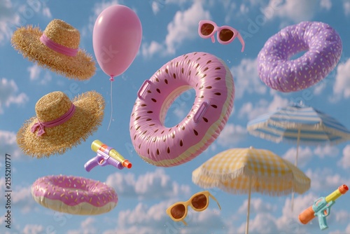 3D render floating summer beach accessories against blue sky