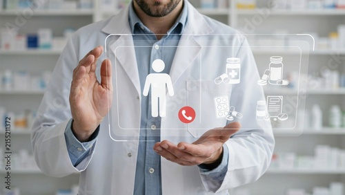 A pharmacist using a digital transparent interface to manage patient healthcare information and pharmaceutical prescription data in a clinical pharmacy setting