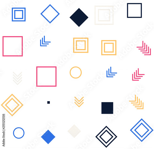 Set of colorful geometric shapes and minimalist line icons for graphic design