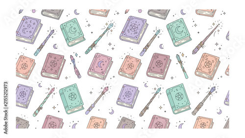 Картината върху платно Magical Manuscripts and Wands: A whimsical collection of antique books adorned with mystical symbols and enchanted wands, scattered amidst shimmering stars and celestial crescent moons