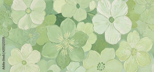 Textured Impasto Pale Green Flowers Yellow Stamens Thick Knife Sage Botanical Abstract