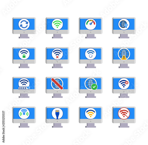 Network Connection and WiFi Status Flat Icon Set