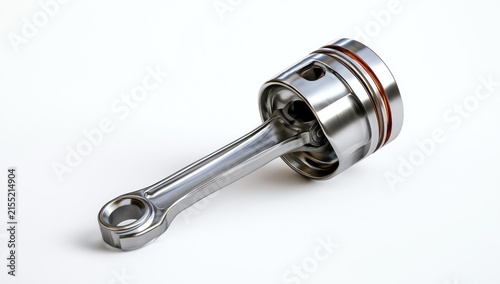 Automotive Piston and Connecting Rod Assembly Isolated on White Background.