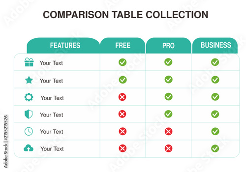 Comparison Table Infographic Collection for Business Plans, Pricing and Product Analysis
