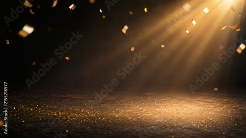 Golden Celebration Stage: A dimly lit stage bathed in dramatic golden spotlights, with falling confetti creating a festive atmosphere. Perfect for celebrating success or special events.