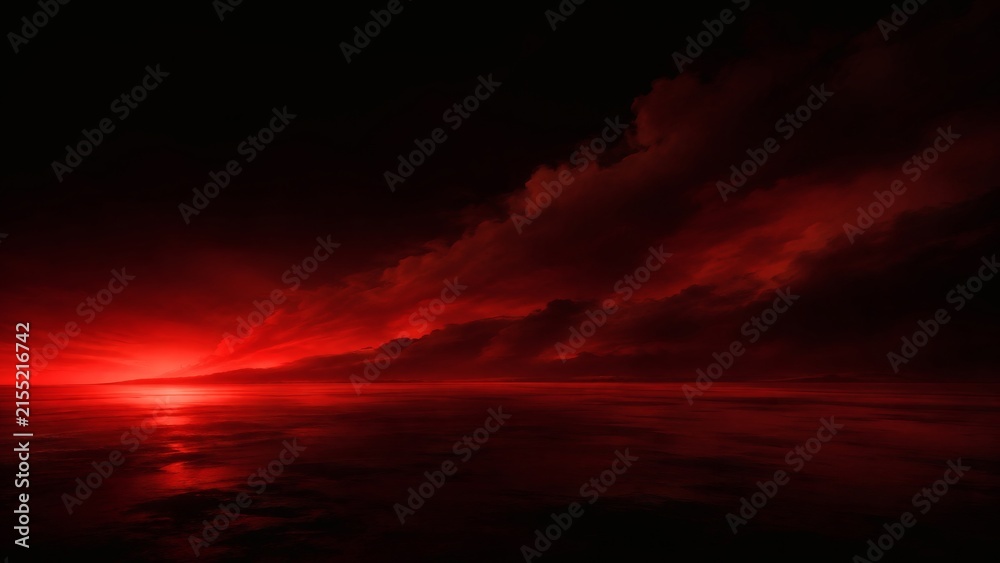Fototapeta premium Crimson Horizon: A dramatic seascape unfolds under a sky ablaze with fiery red clouds, reflecting on the calm, dark waters below, evoking a sense of mystery and awe.