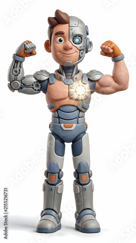 Cute futuristic cyborg robot flexing its arms confidently, featuring human and mechanical body parts, glowing technology core, colorful accents, and polished 3D character design.