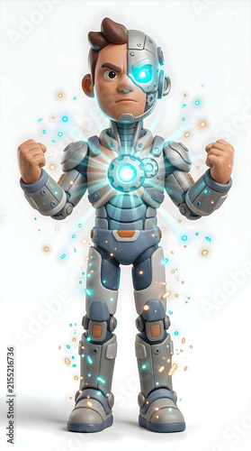 Futuristic cute cyborg robot standing with raised fists, glowing cyan energy surrounding its body, combining friendly human features, mechanical armor, and colorful 3D technology.