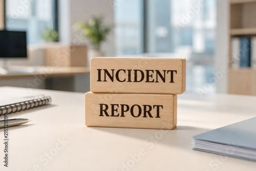 Incident Report Blocks on Desk: Two wooden blocks stacked with the words INCIDENT and REPORT sit on a clean desk in an office setting, symbolizing documentation and analysis of events.