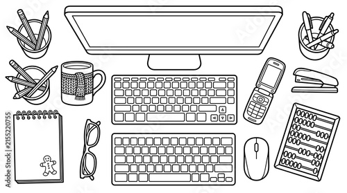 Office desk items including computer, keyboards, mouse, phone, stapler, abacus, mug, glasses, notebook, and pencils in line art style