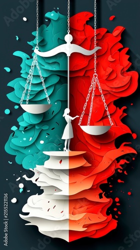 Paper Cut Justice Scales with Woman Balancing Choices Illustration