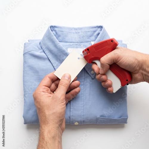 Hands attaching a price tag to a folded blue shirt with a tagging gun