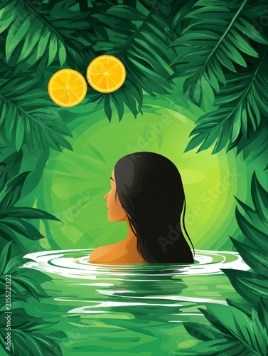 Tropical Wellness Spa Illustration with Woman and Oranges