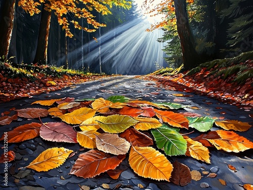 Vibrant Autumn Forest Path with Golden Sun Rays and Fallen Leaves Digital Painting