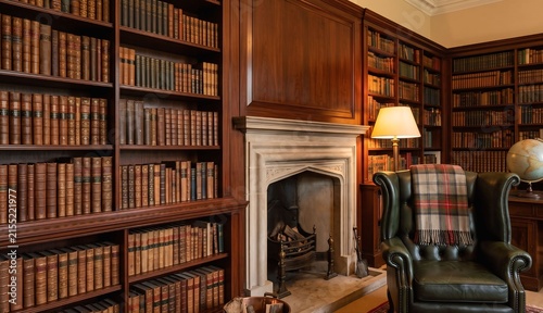 Traditional English Manor Library with Chesterfield Armchair and Fireplace