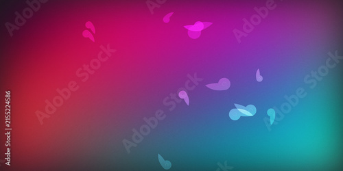 Abstract background with red, pink, purple, and blue gradient and small shapes.