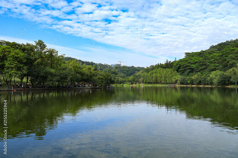Obraz premium Serene Park Lake with Green Hills and Cloudy Blue Sky